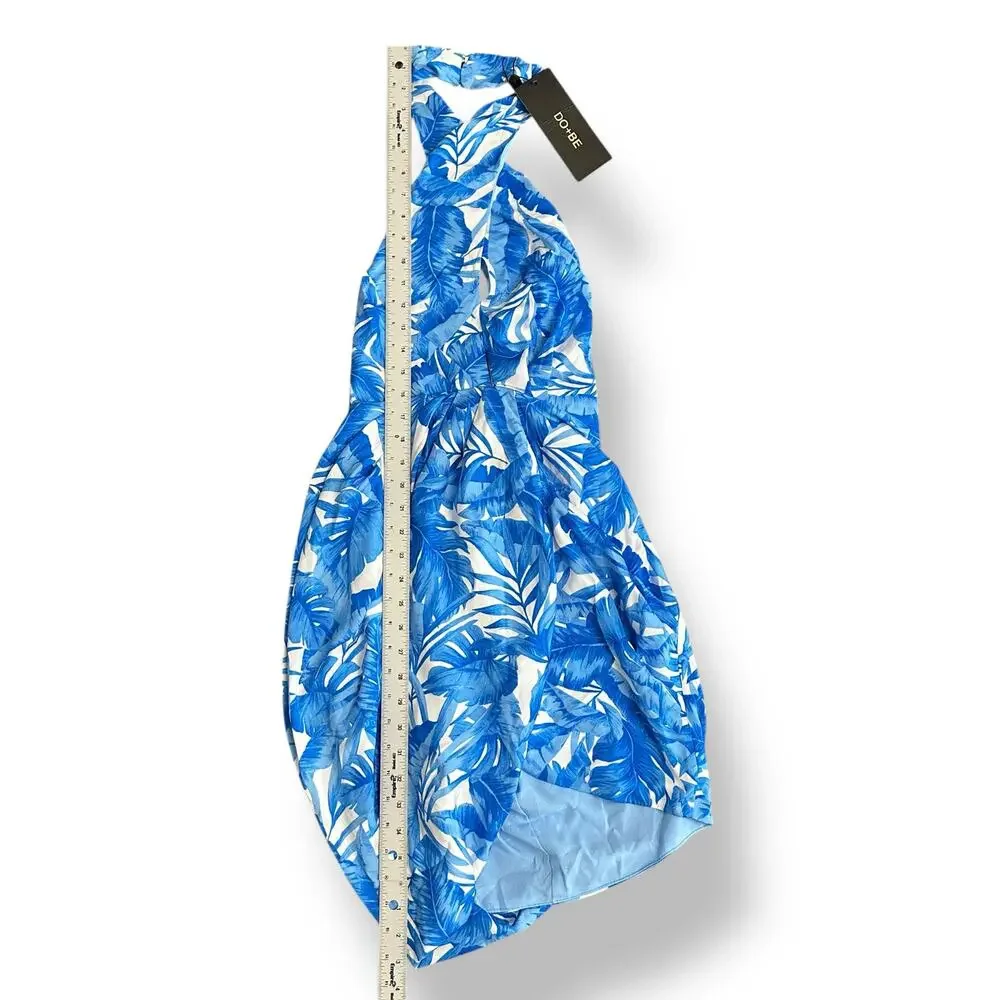DO+BE NWT Tropical Halter Mini Dress Blue White Leaf Print Back Tie Medium - Picture 4 of 11